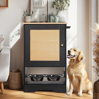 Pet Feeding Station with 2 Dog Bowls,Side Hooks,Anti-tip Kit,for Feeding & Watering, Black