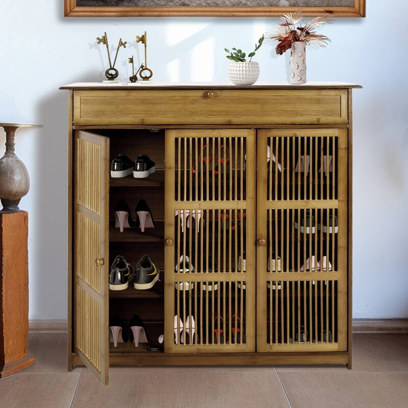 3-door Bamboo Shoe Cabinet Rack with Jumbo Drawer