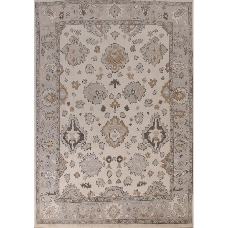 Ivory Oushak Indian Area Rug Hand-Knotted Wool Carpet - 8'1" x 9'11"