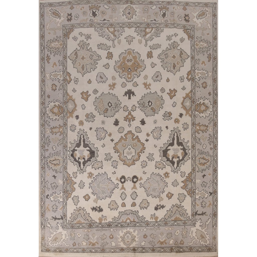 Ivory Oushak Indian Area Rug Hand-Knotted Wool Carpet - 8'1" x 9'11"