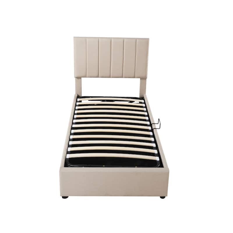 Twin Size Upholstered Platform Bed with a Hydraulic Storage System, Beige