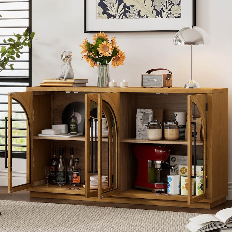 60” Farmhouse 4-Door Large Storage Vintage Sideboard with Metal Handles and Adjustable Shelves