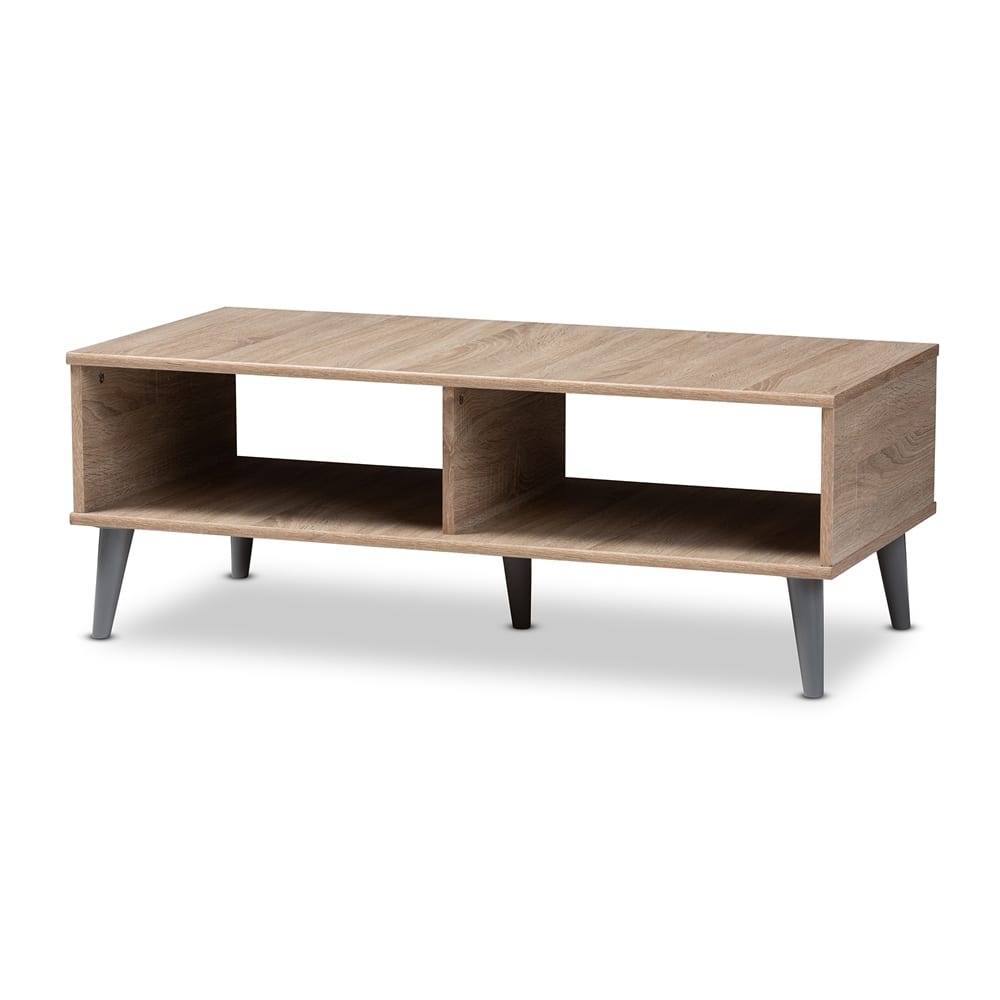 Pierre Mid-Century Modern Oak and Light Grey Finished Wood Coffee Table - 14.17"H x 39.37"W x 18.9"D