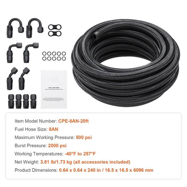 3/8 6AN 20FT Fuel Line Hose Kit, Nylon Stainless Steel Braided Fuel