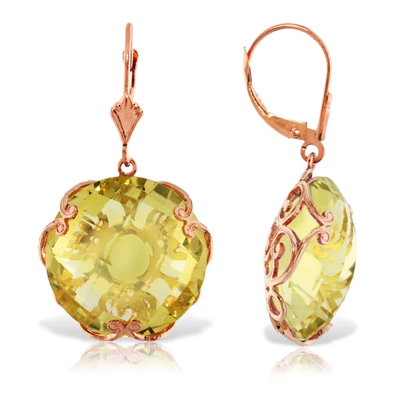 14K Solid Gold Leverback Gemstone Earrings Round Lemon Quartz Jewelry - Rose
