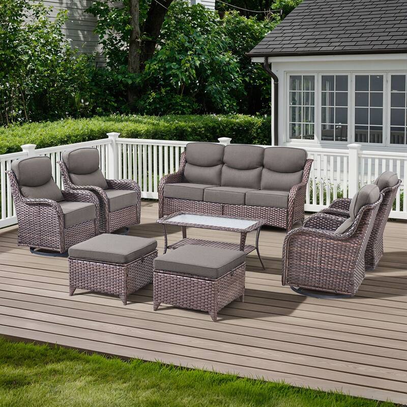 Arcadia 8-Piece Wicker Patio Conversation Set with Swivel Gliders and 6-Inch Thick Olefin Cushions