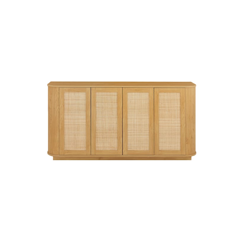 64-Inch Wave Shaped TV Stand, Rounded Corner Sideboard, Wood Vertical Striped Cabinet With Rattan Doors, 64"W X 15"D X 31.5"H
