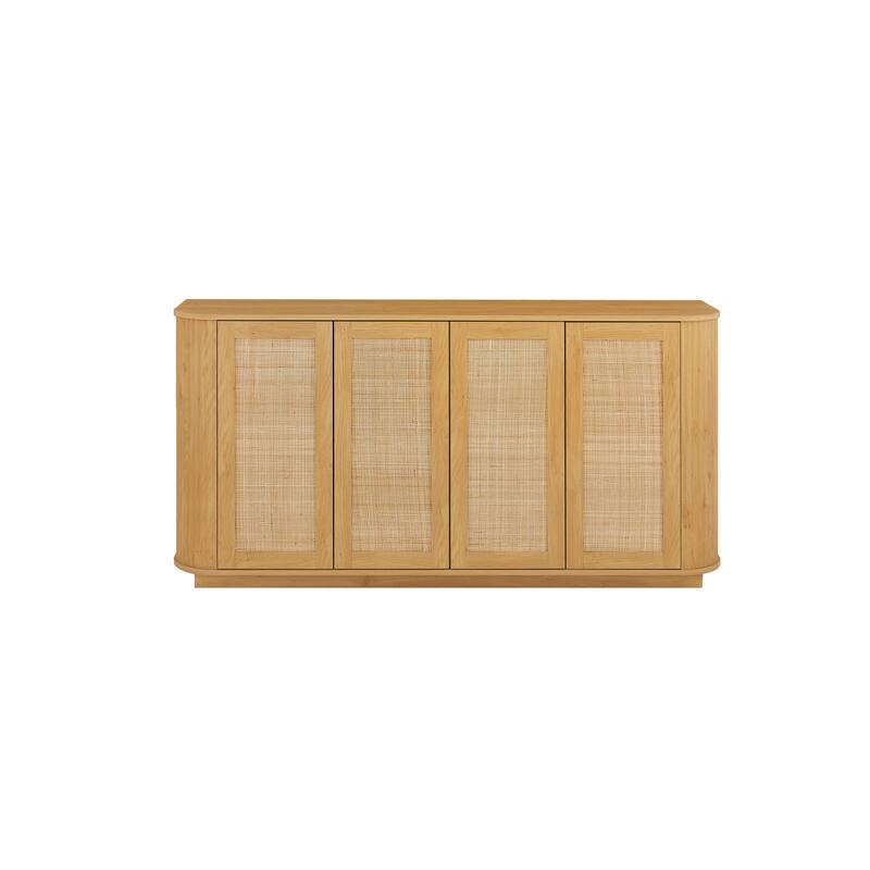 Rattan Buffet Cabinet with Storage, Sideboard Cabinet with 4 Doors, Modern Coffee Bar Station Table, Kitchen Wood Cupboard