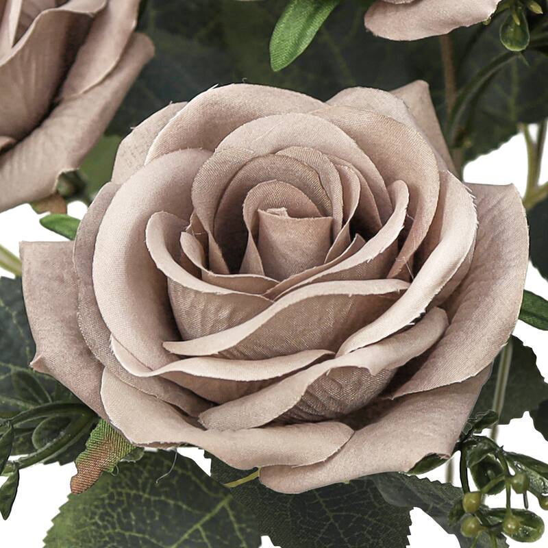 Set of 2 Dusty Brown Artificial Queen Tea Rose Flower Stem Bush Bouquet 17in - 17" L x 9" W x 9" DP