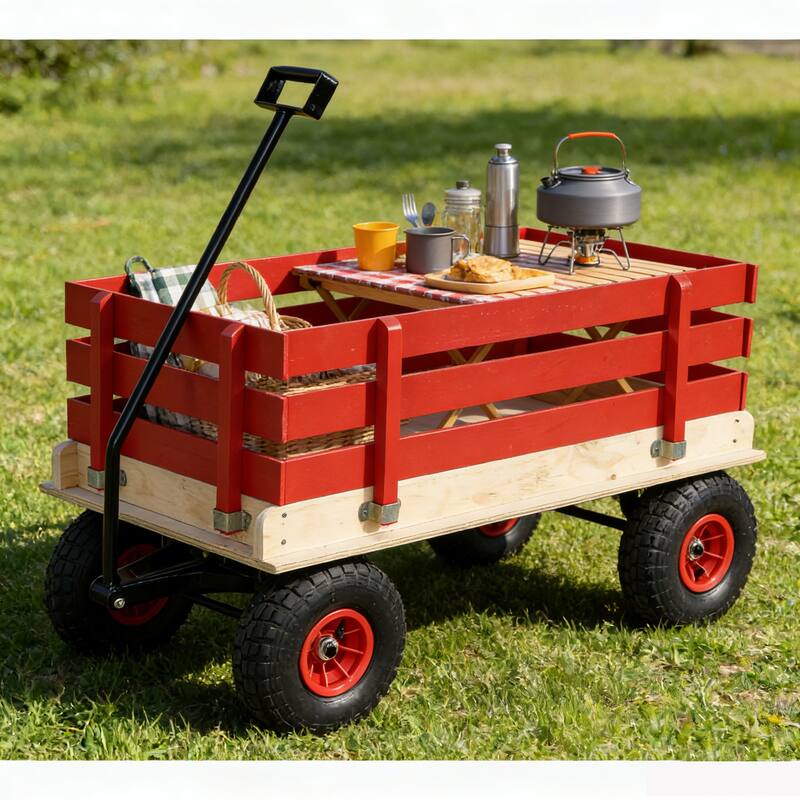 All-Terrain Wooden Carriage - Children's & Garden Cart with Inflatable Wheels, Red & Natural