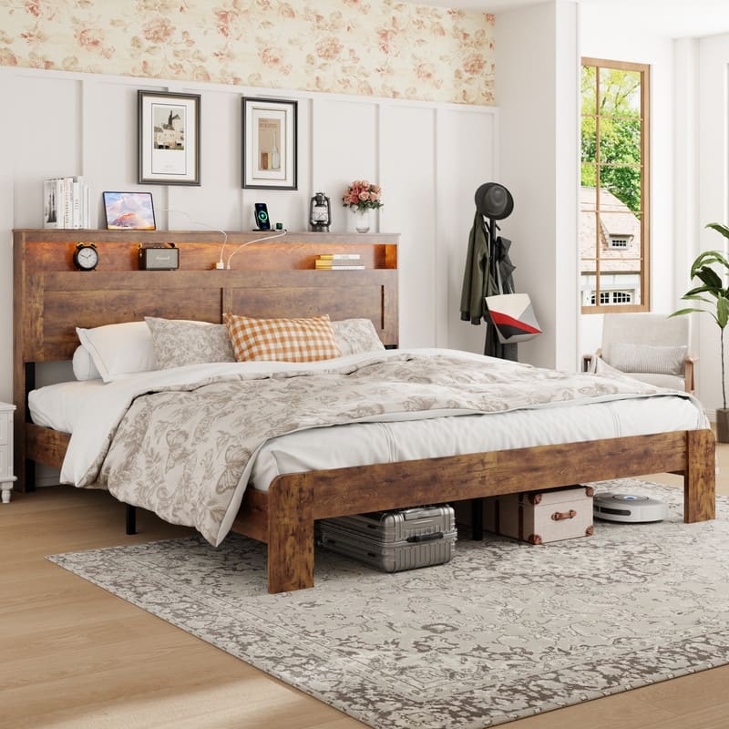 Wood Platform Bed Frame with Storage LED Light Headboard and 2 USB, Under Bed Storage, No Box Spring Needed - Dark Brown - King