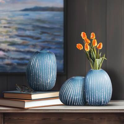 Allan Andrews Contemporary Asymmetrical Matte Blue & Silver Glass Vase Collection
