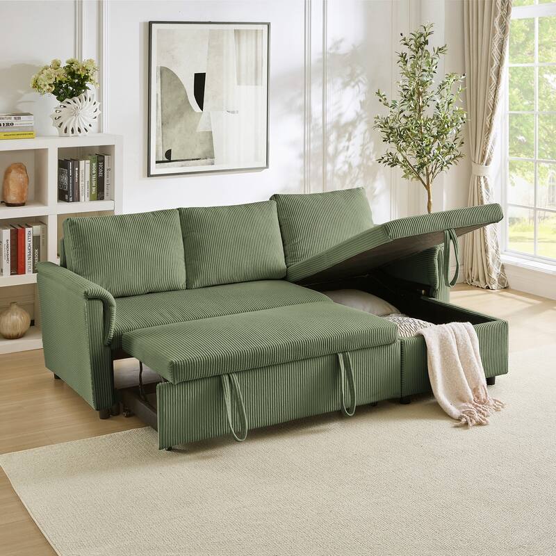 Modern 2-Seater Sofa L-Shaped Sleeper Sofa with 2 Pillows Storage Chaise and Adjustable Backrest, for Living Room - Green