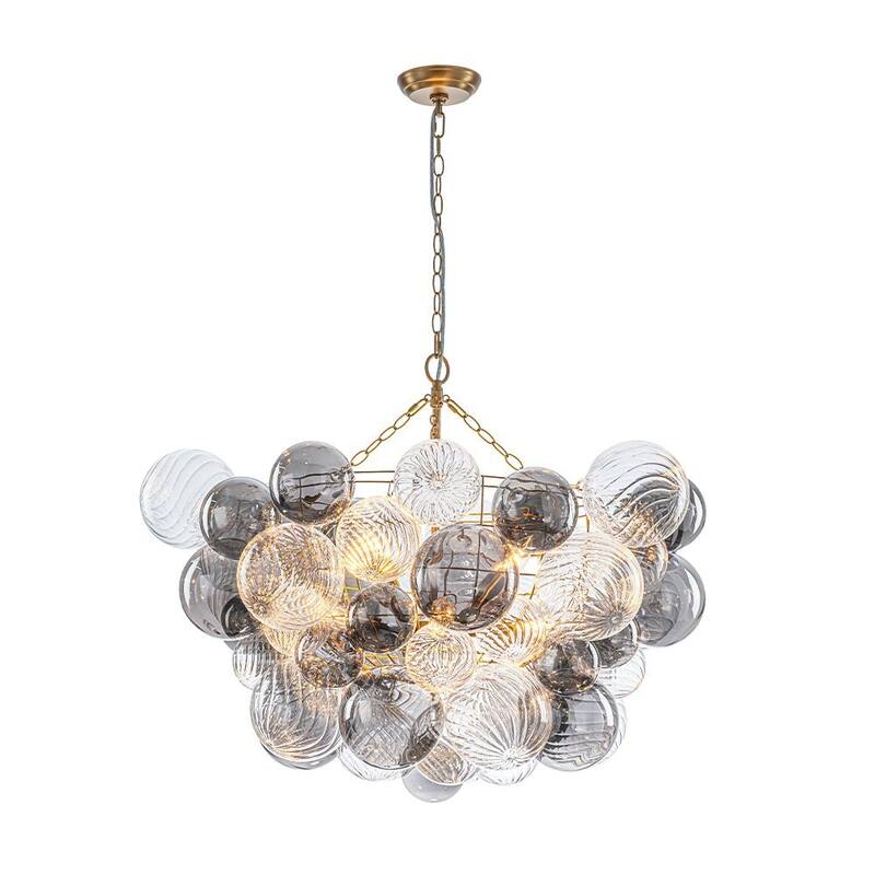 Statement 8-Light Swirled Smoked Glass Globe Round Bubble Chandelier - Brass Finish