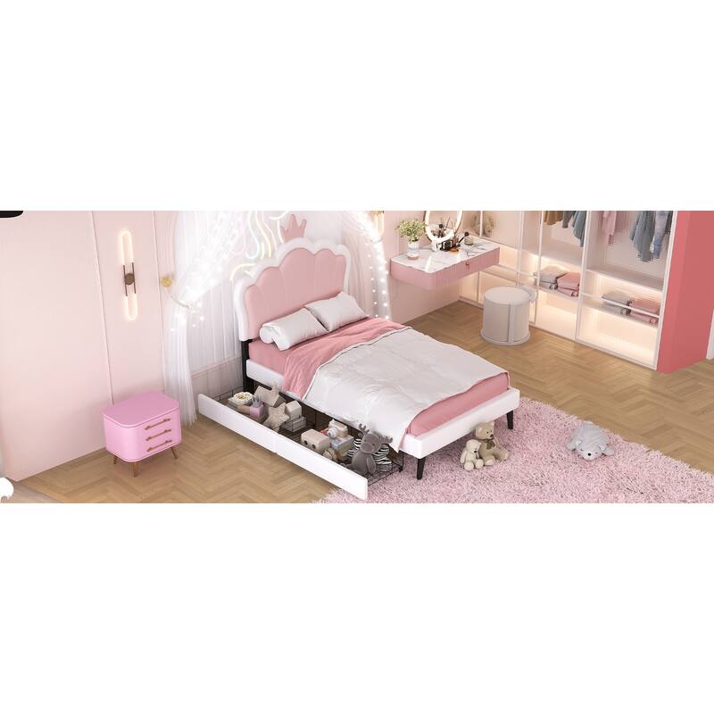 Crown Headboard Twin Platform Bed with 2 Storage Drawers, Ideal for Kids' Rooms