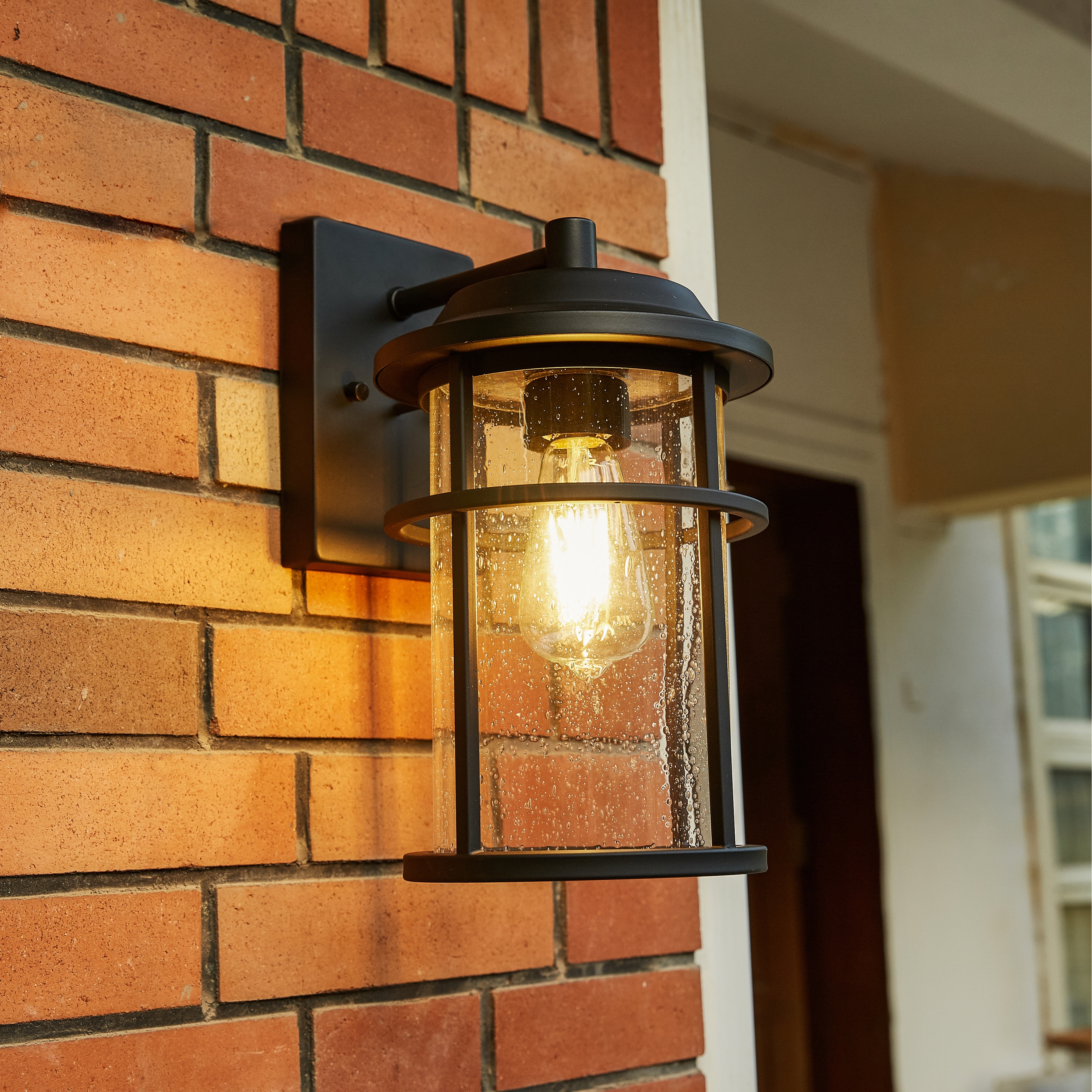 Matte Black Outdoor Wall Sconce with Clear Seeded Glass - Matte Black - 7.56"Wx9.6"Ex13.54"H