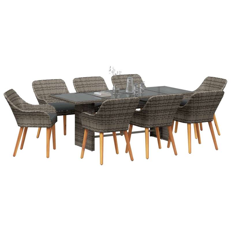 vidaXL Garden Dining Set with Cushion 9 pcs Grey Poly Rattan - 24.61 x 21.65 x 32.28 in