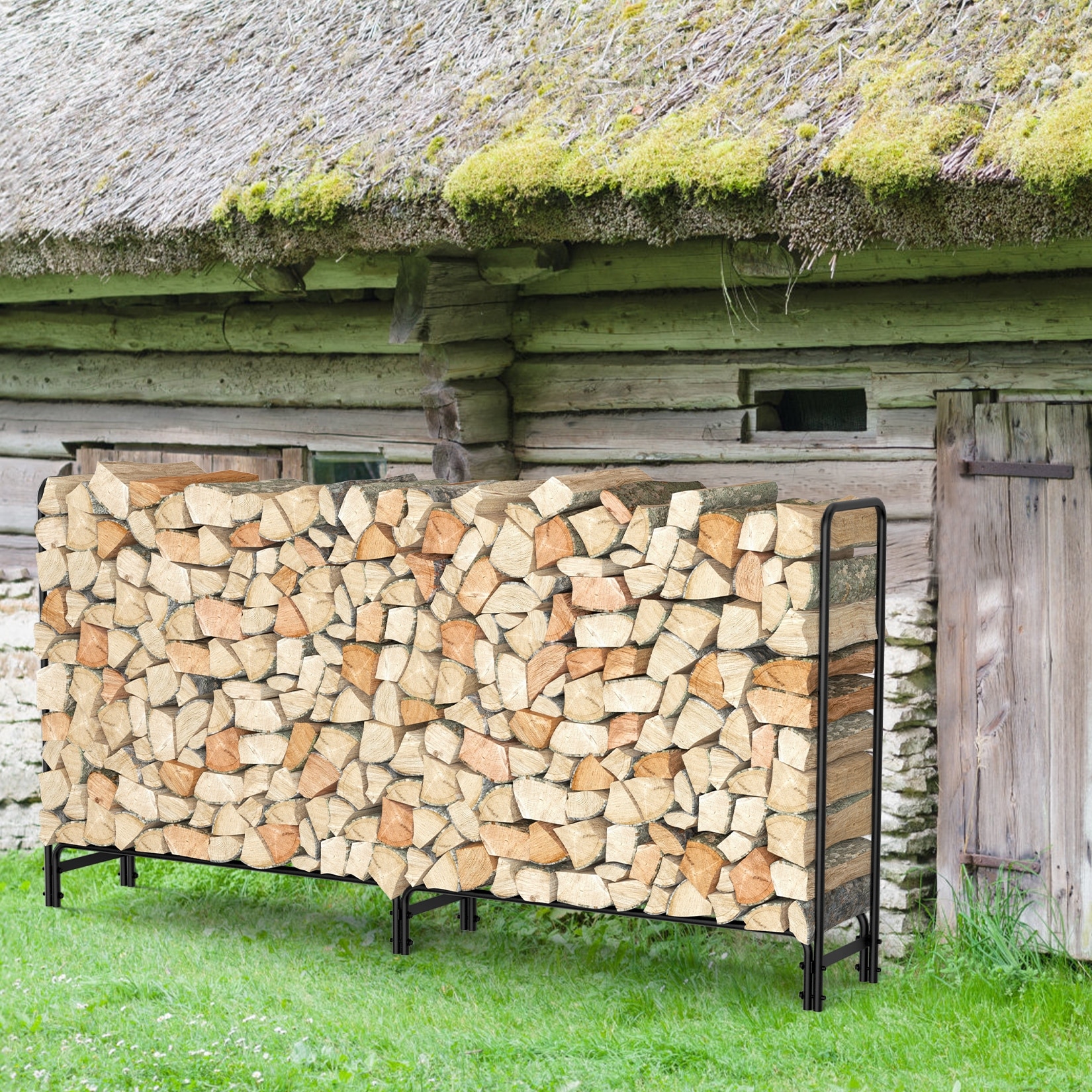 UNHO 8 Ft Firewood Rack Fireplace Metal Log Rack Bed Bath