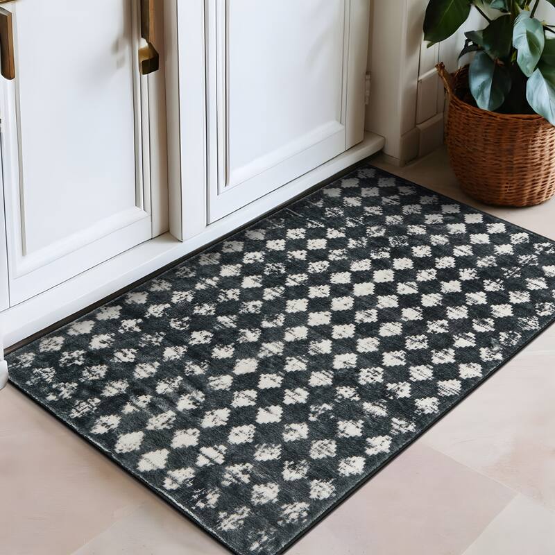World Rug Gallery Geometric Distressed Abstract Washable Non Slip Area Rug - Black - 2'x3'