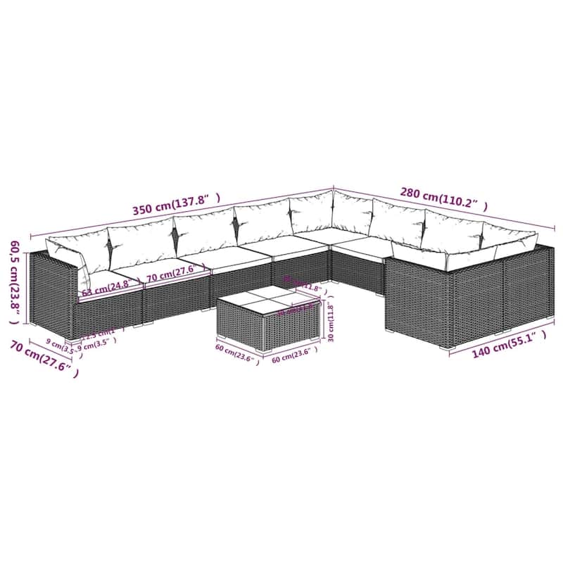 vidaXL Patio Lounge Set with Cushions Poly Rattan Brown - 27.6" x 27.6" x 24" - 27.6" x 27.6" x 24"