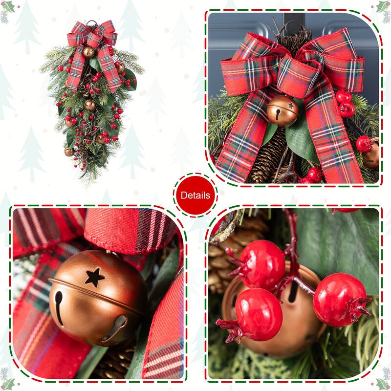 Glitzhome Christmas Bell Pinecone & Berry Bow Wreath Teardrop Garland Wall Decor