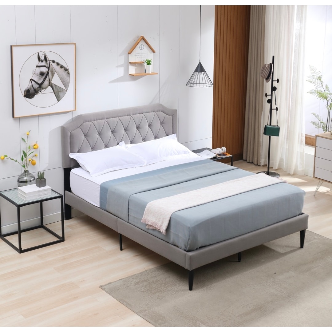 Modern Style Linen Upholstered Bed Curved Design Queen Size
