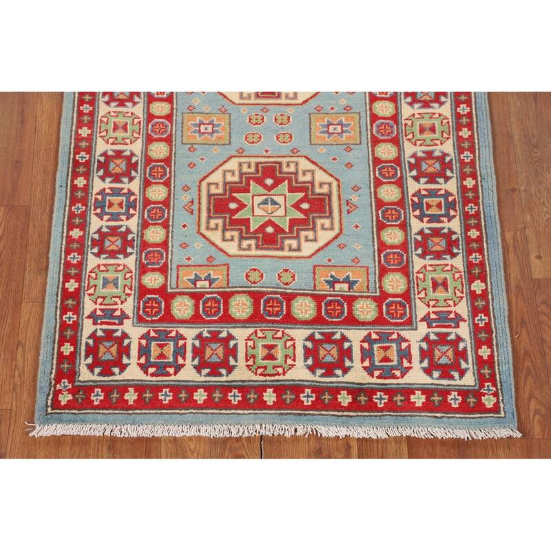 Light Blue Geometric Kazak Accent Rug Handmade Wool Carpet - 2'8" x 3'10"