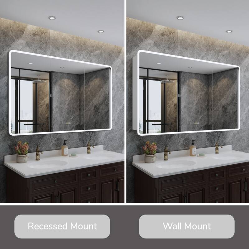 Rounded Edge LED Medicine Cabinet with Mirror, Dimmable, Anti-fog, Adjustable Shelves, Recessed or Wall Mount, ETL Certified