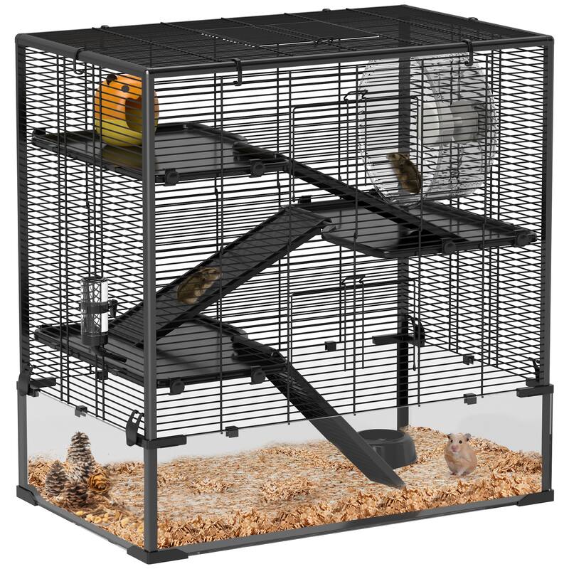 PawHut Large Hamster Cage with Deep Tempered Glass Bottom, 4 Tiers Hamster Tank with Running Wheel, Black - Black