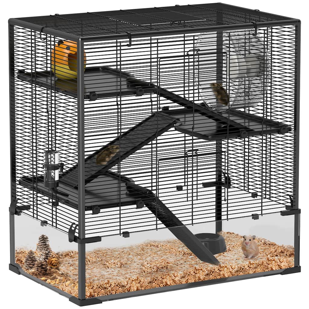 PawHut Large Hamster Cage with Deep Tempered Glass Bottom, 4 Tiers Hamster Tank with Running Wheel, Black
