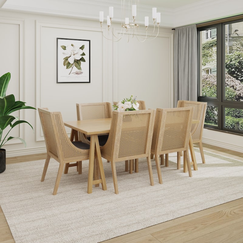 Sorenza 7pc Dining Set with Cane Rattan Dining Chairs and Rubberwood Table by Christopher Knight Home