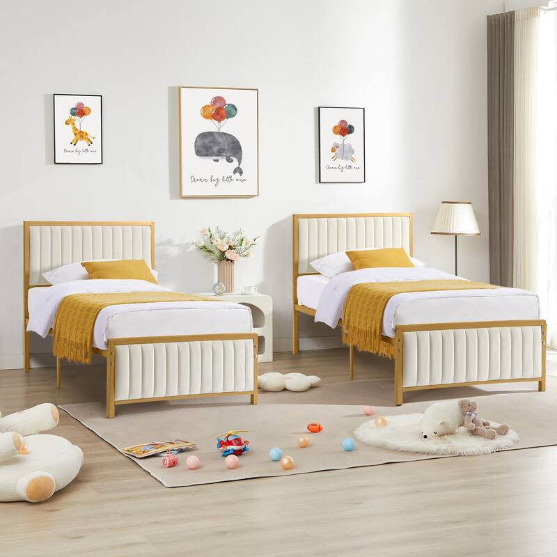 VECELO Twin Size Bed Frame Faux Leather Upholstered Platform Bed Twin Size Bed Set of 2