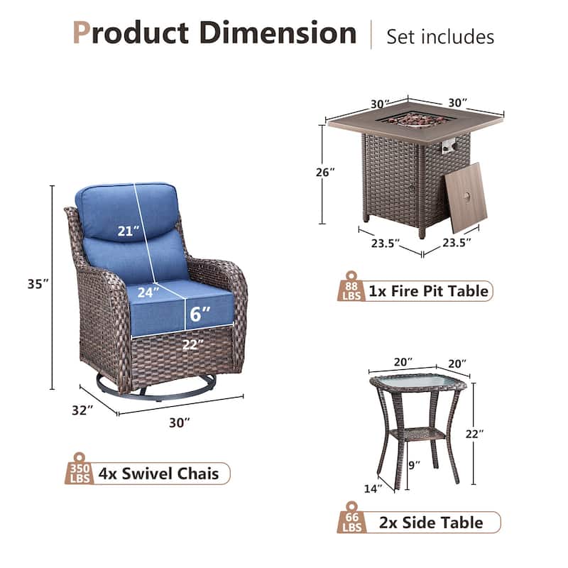 Pocassy Outdoor 6" Swivel Chairs with Fire Pit Table