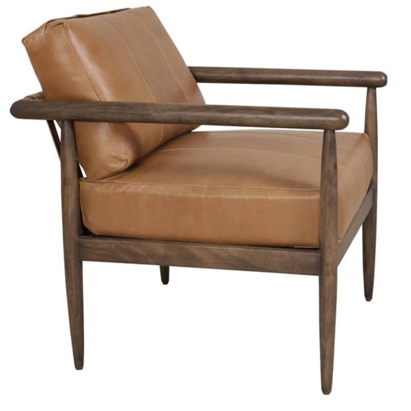 HomeRoots 28" Brown Genuine Leather and Solid Wood Arm Chair - 27.50 in. x 26.00 in. x 30.50 in.