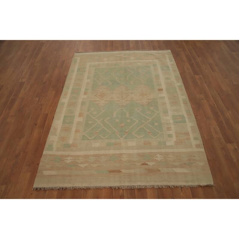 Hand Woven Oriental 100% Wool Carpet Southwestern Tribal Green Kilim Area Rug - 6' 4'' X 4' 7''