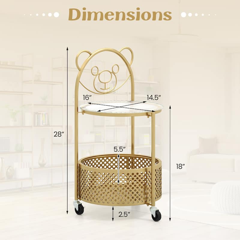 Gymax 2-Tier Mobile Glass Coffee Table w/ Bear Pattern Storage Basket