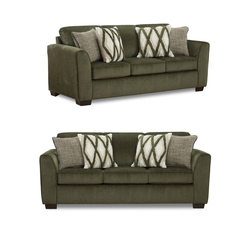 Roundhill Furniture Marvella Living Room Sofa and Loveseat Set with Mosswood Chenille Upholstery and Textured Accent Pillows