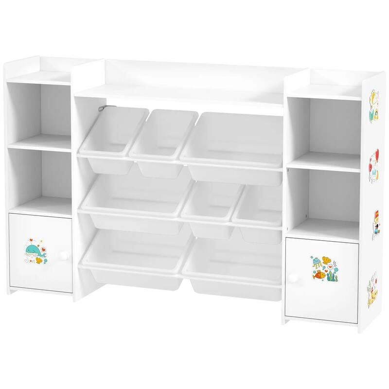 White Kids Storage Shelf with Bins, Bookcase and Cupboard for Organized Playroom - 55.1" L x 11.8" W x 35.4" H