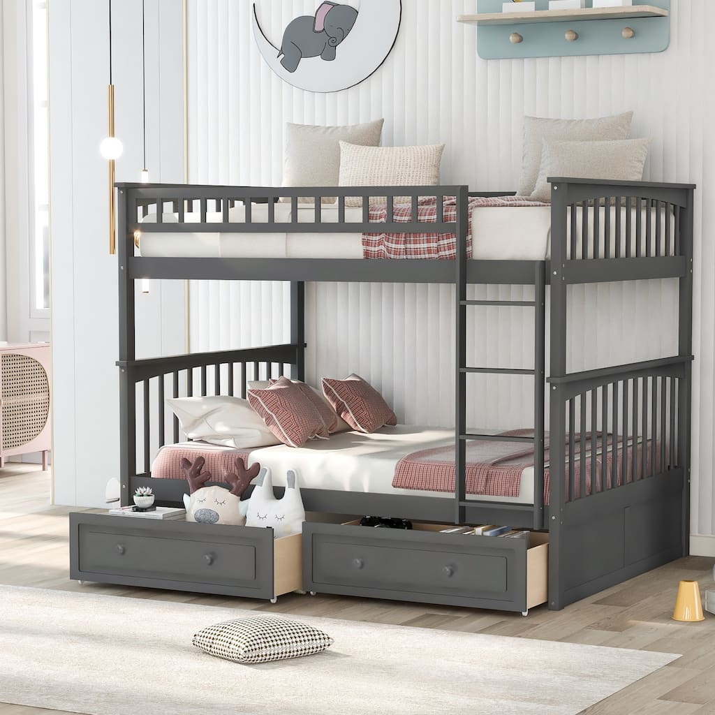 Convertible Full Over Full Bunk Bed with Drawers, Gray, Pine Wood and MDF Construction
