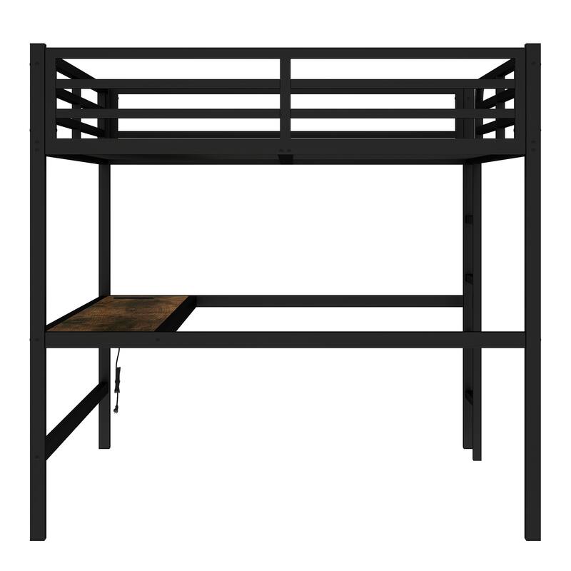 Queen Size Metal Loft Bed with Desk, USB Charging & LED Lights, Space-Saving Design, Black