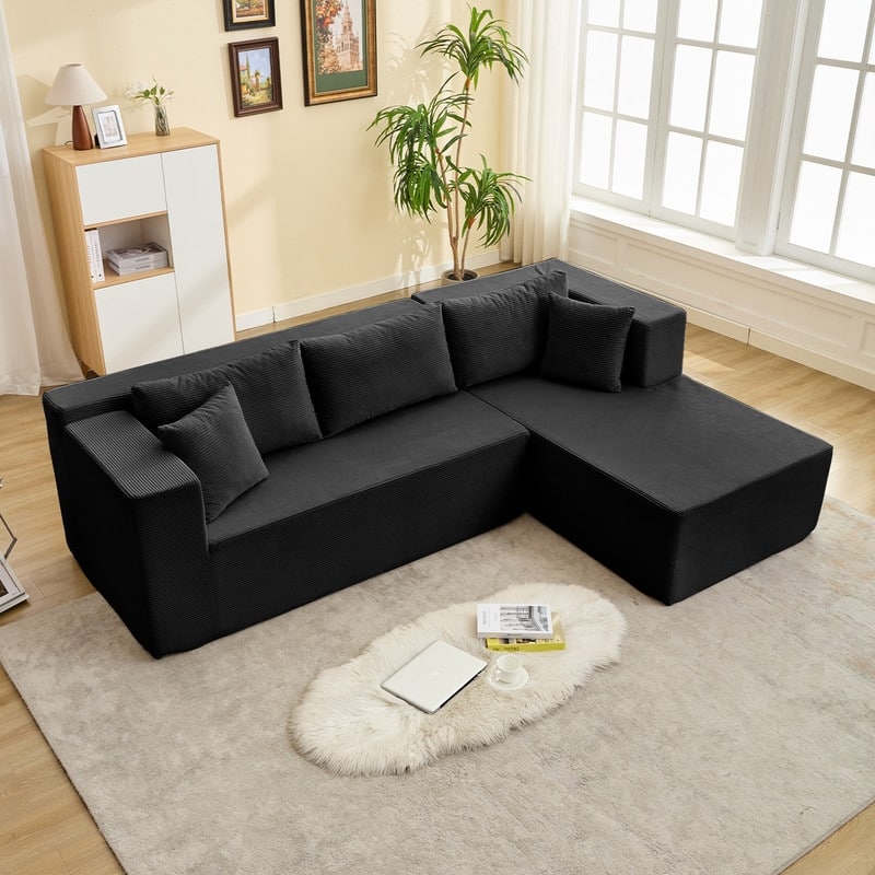 Mixoy W106'' Modern 2-Piece Free Combination Corduroy Upholstered L-Shaped Modular Sectional Sofa with Right Chaise and Pillow