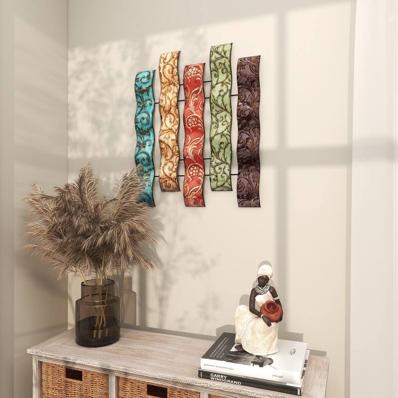 Multi Colored Metal 5 Wavy Panels Abstract Home Wall Decor with Embossed Details