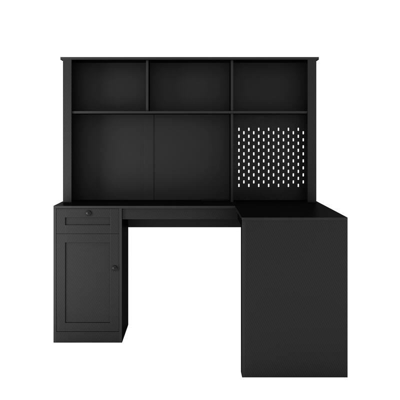 L Shaped Computer Desk with Outlet,Bookshelf & Hutch