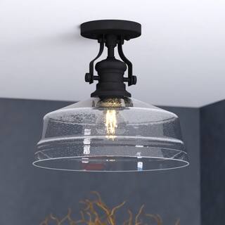 VAXCEL Beloit 1-Light 12 in. Wide Matte Black Farmhouse Dome Semi Flush Mount Lighting Fixture, Clear Seeded Glass Shade