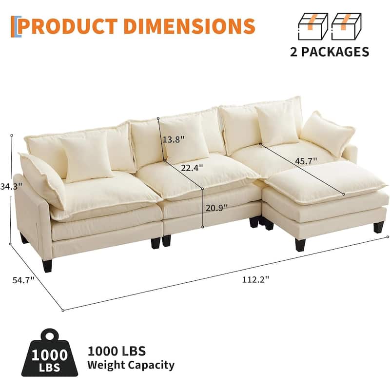 112.2" Sectional Cloud Couch, Modular Sectional Couches Sofa for Living Room with Movable Ottoman, 3-Seater Chenille