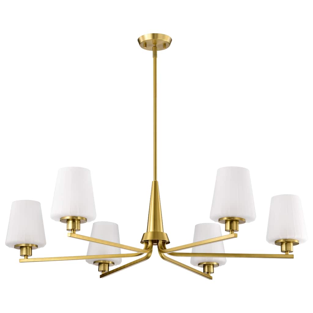 Lune 6 Light Chandelier Vintage Brass Finish Etched White Glass - Vintage Brass