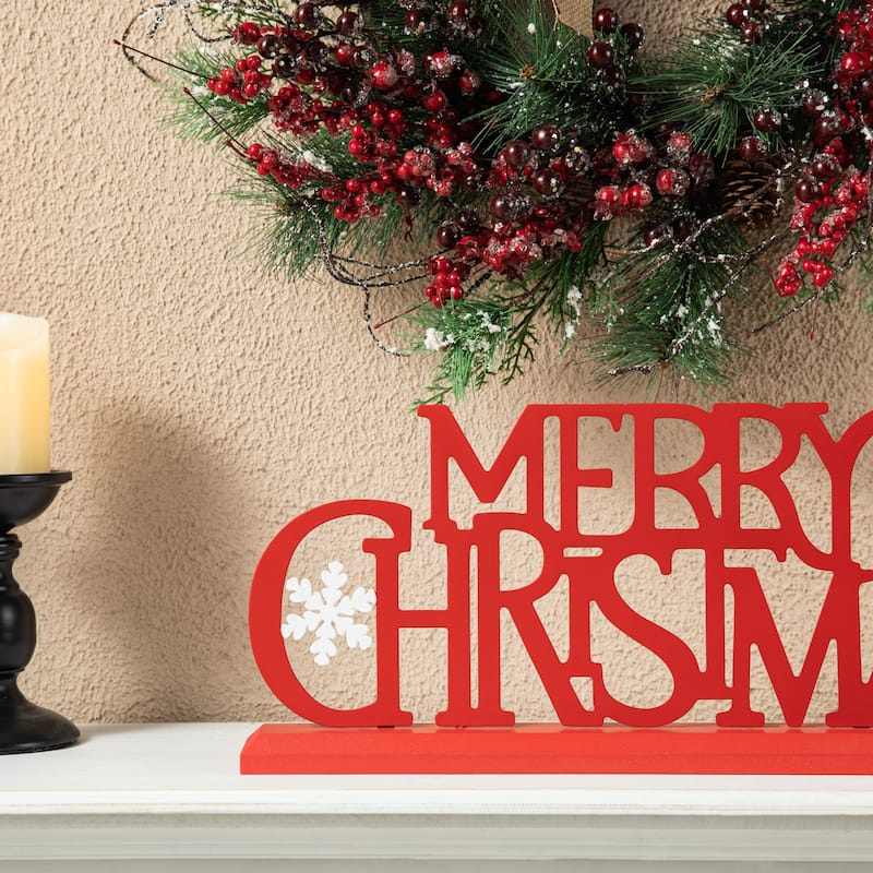 Glitzhome 18"L Wood Metal MERRY CHRISTMAS Word Sign Table Decor