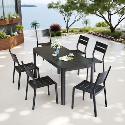 7-piece Outdoor Aluminum Patio Dining Expandable Table with Stackable Chairs