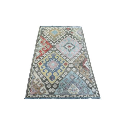Hand Knotted Grey Tribal & Geometric with Wool Oriental Rug (3'2" x 5') - 3'2" x 5'