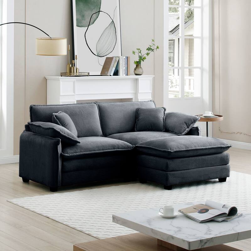 3-piece Corduroy Upholstered L-Shaped Modular Sectional Sofa with Removable Ottoman, 4 Pillows, and Free Combination